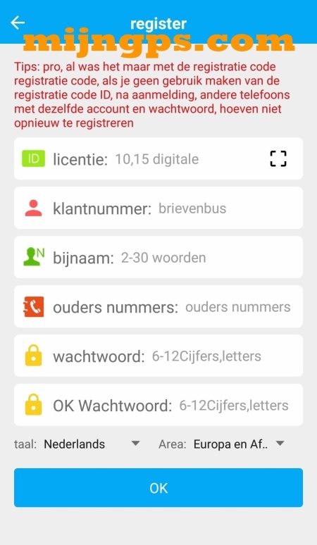 setracker registreren licentie ID password